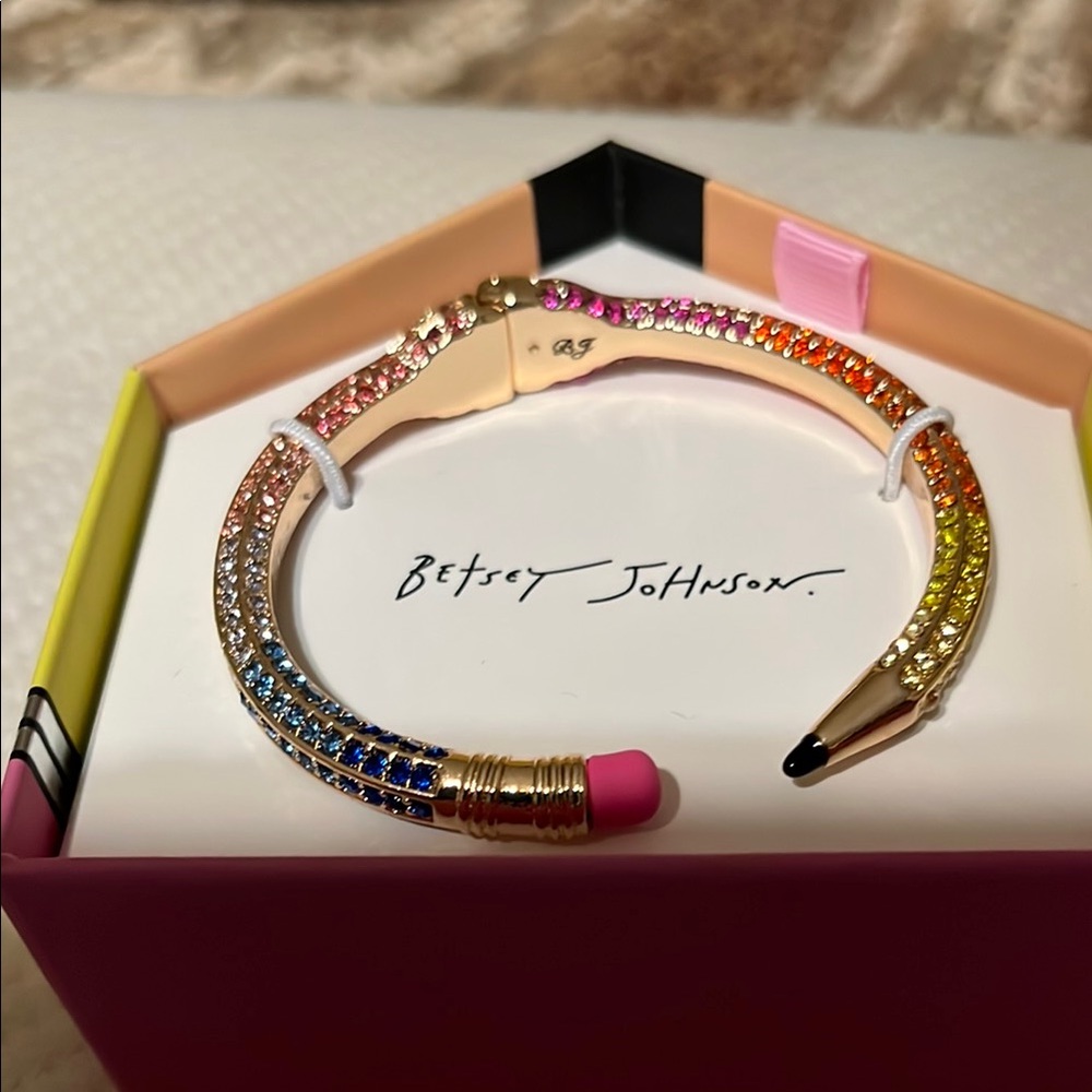 NIB Betsey Johnson Rainbow Crystal Bracelet hinged pencil design in box - Picture 2 of 4